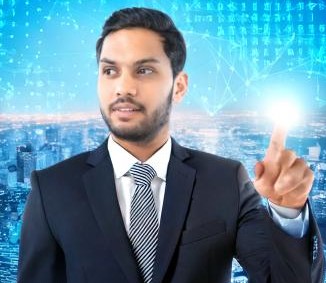 Firefly business man pointing at a city with a digital background 46125