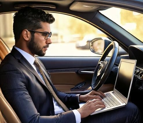 Firefly business man sitting in a classic car with a laptop, side view; successful young businessman