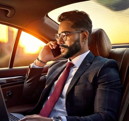 Firefly business man sitting in a classic car with a laptop, working, enjoying the city sunset and t (1)