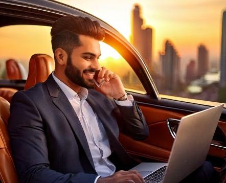 Firefly business man sitting in a classic car with a laptop, working, enjoying the city sunset and t